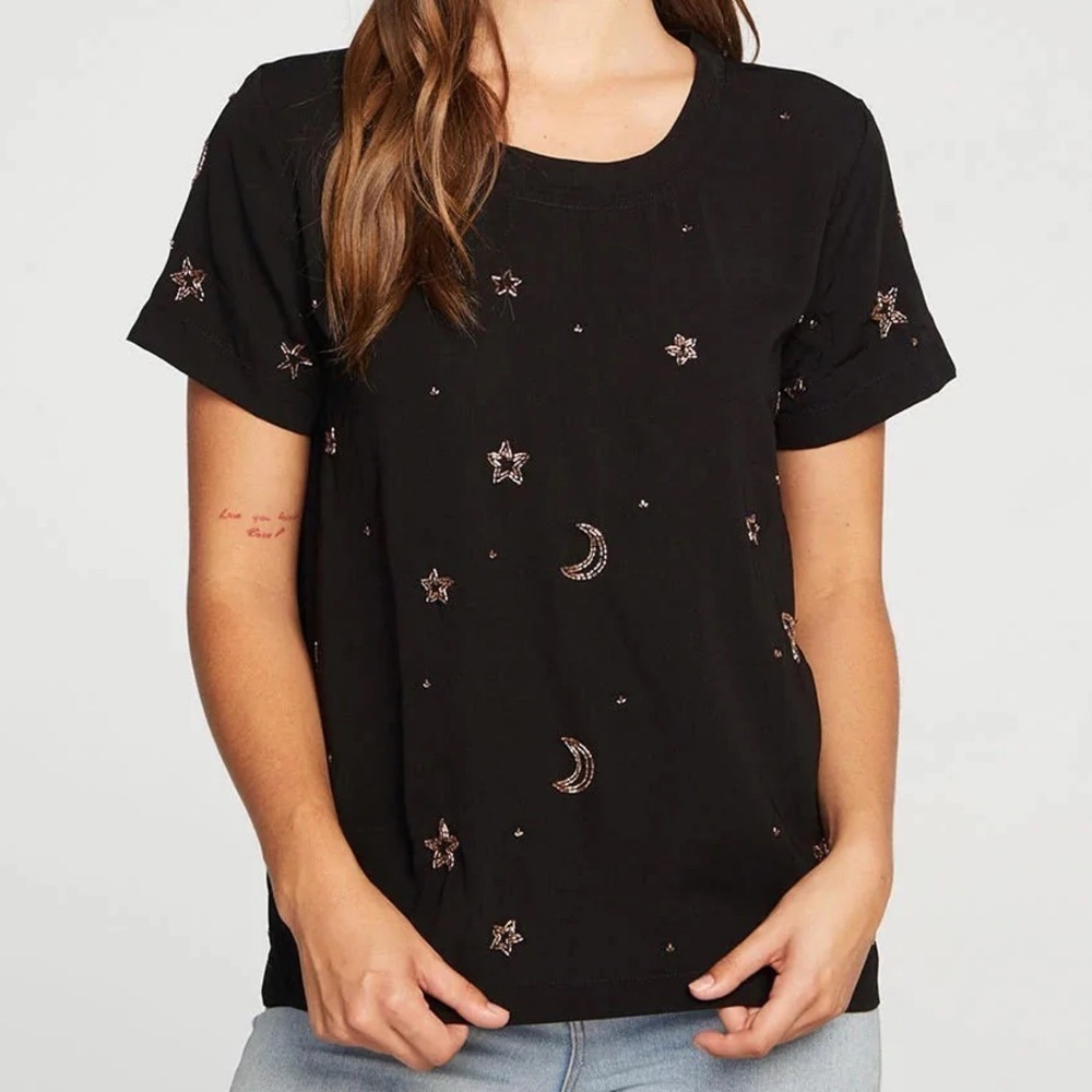 ⭐️ Chaser Black Beaded Moon & Stars Night Sky Top Boxy Tee